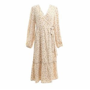 Monki light yellow floral Wrap Sundress with long Sleeves